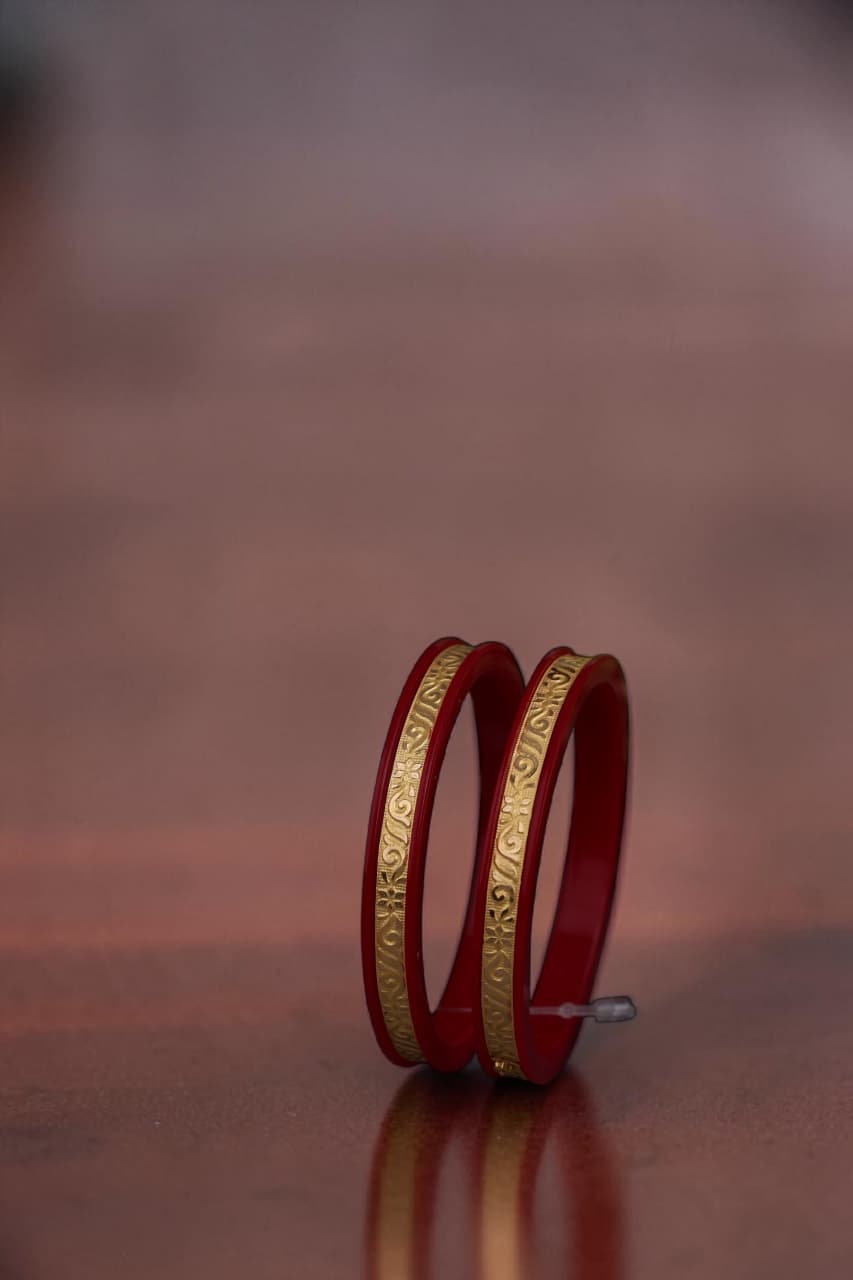 22K Gold Traditional Floral Designer Bangles for Women | Red Meenakari Finish | Lightweight Gold Bangles Pair | 2.2 Gram