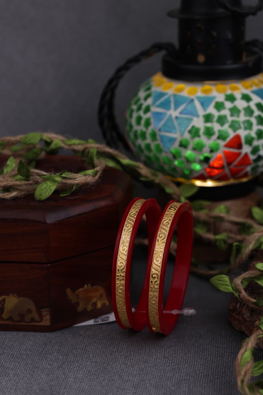 22K Gold Traditional Floral Designer Bangles for Women | Red Meenakari Finish | Lightweight Gold Bangles Pair | 2.2 Gram