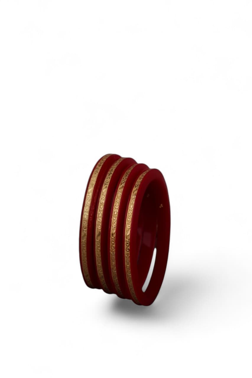 22K Gold Traditional Engraved Designer Bangles Set for Women | Red Meenakari Finish | Lightweight Gold Bangles | 2.5 Gram