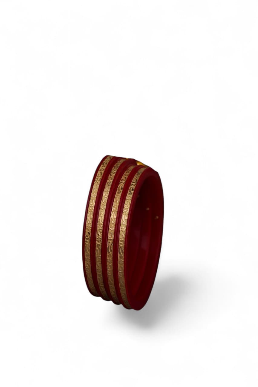 22K Gold Traditional Engraved Bangles Set for Women | Red Meenakari Finish | Lightweight Gold Bangles | 2.55 Gram