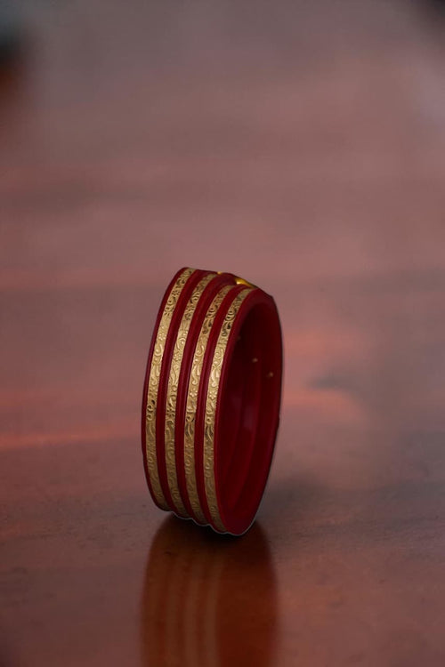 22K Gold Traditional Engraved Bangles Set for Women | Red Meenakari Finish | Lightweight Gold Bangles | 2.55 Gram