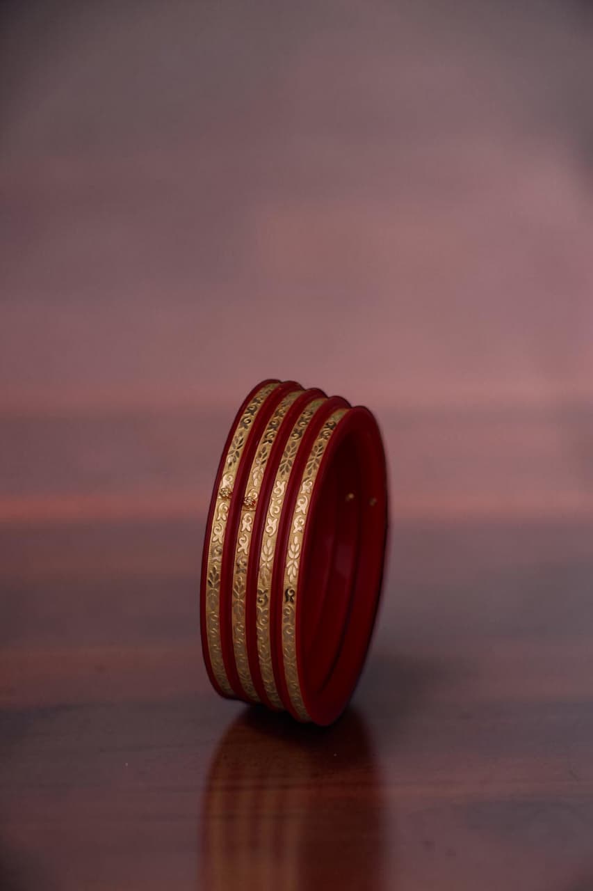 22K Gold Traditional Floral Designer Bangles Set for Women | Red Meenakari Gold Bangles | Lightweight Daily Wear | 2.51 Gram