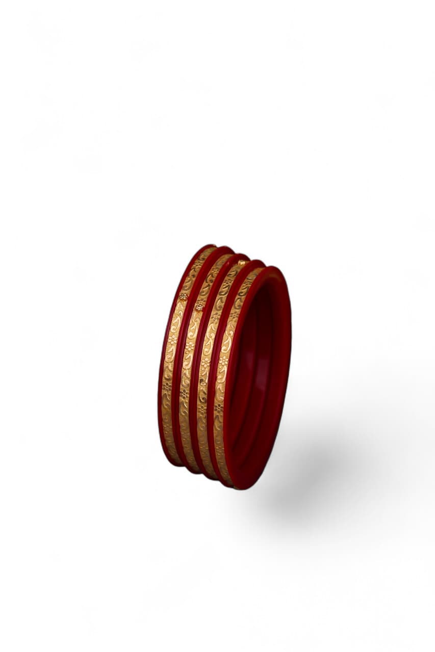 22K Gold Traditional Floral Engraved Bangles for Women | Red Meenakari Gold Bangles Set | Lightweight Daily Wear | 2.53 Gram