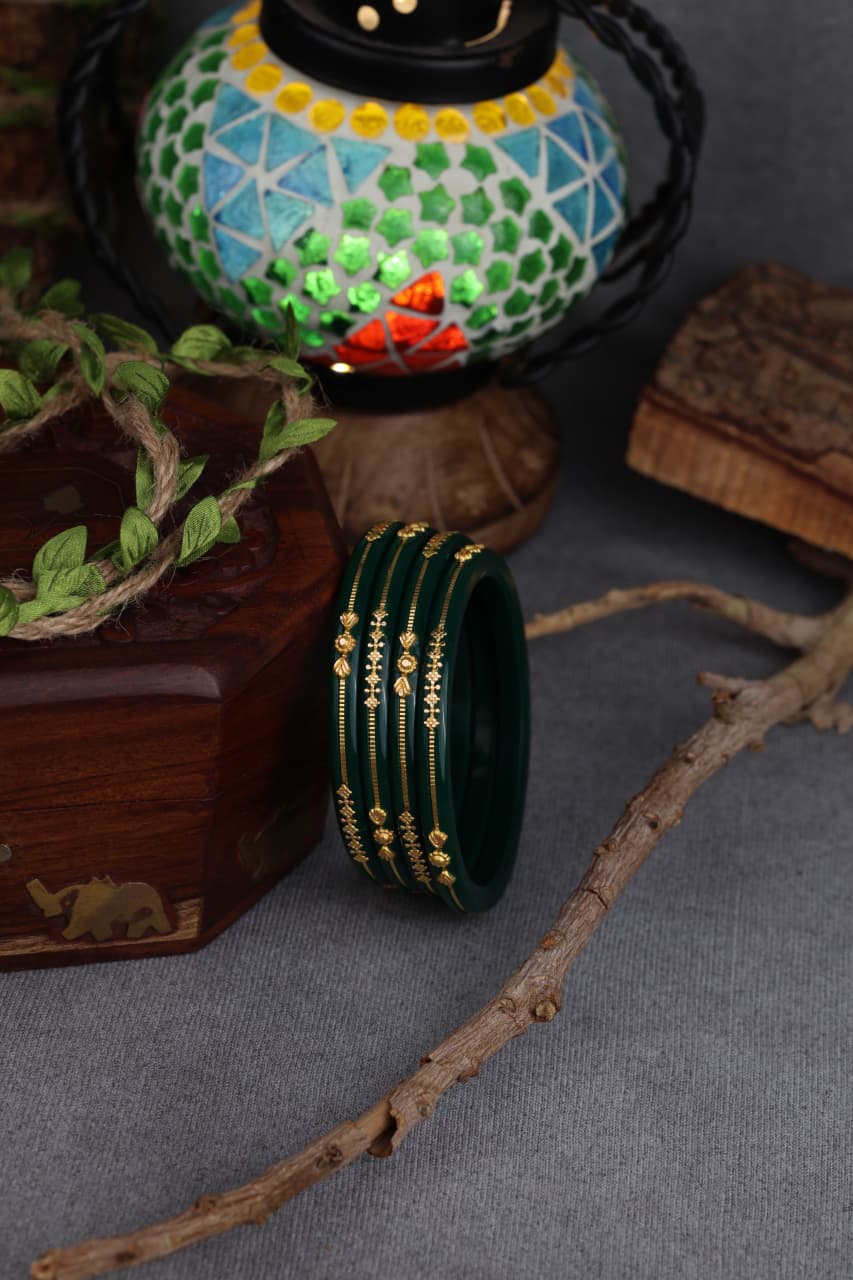 22K Gold Green Meenakari Bangles Set for Women | Traditional Lightweight Gold Bangles | 2 Gram