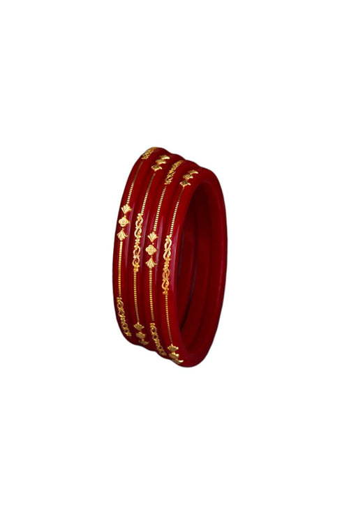22K Exclusive Gold Bangles for Women | Designer Red Bangles with Gold Floral & Chain Pattern | 2 Gram