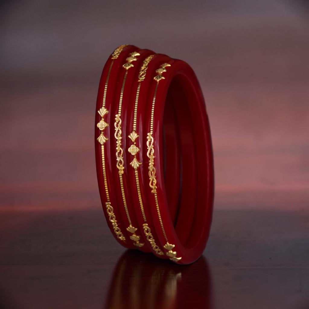 22K Exclusive Gold Bangles for Women | Designer Red Bangles with Gold Floral & Chain Pattern | 2 Gram
