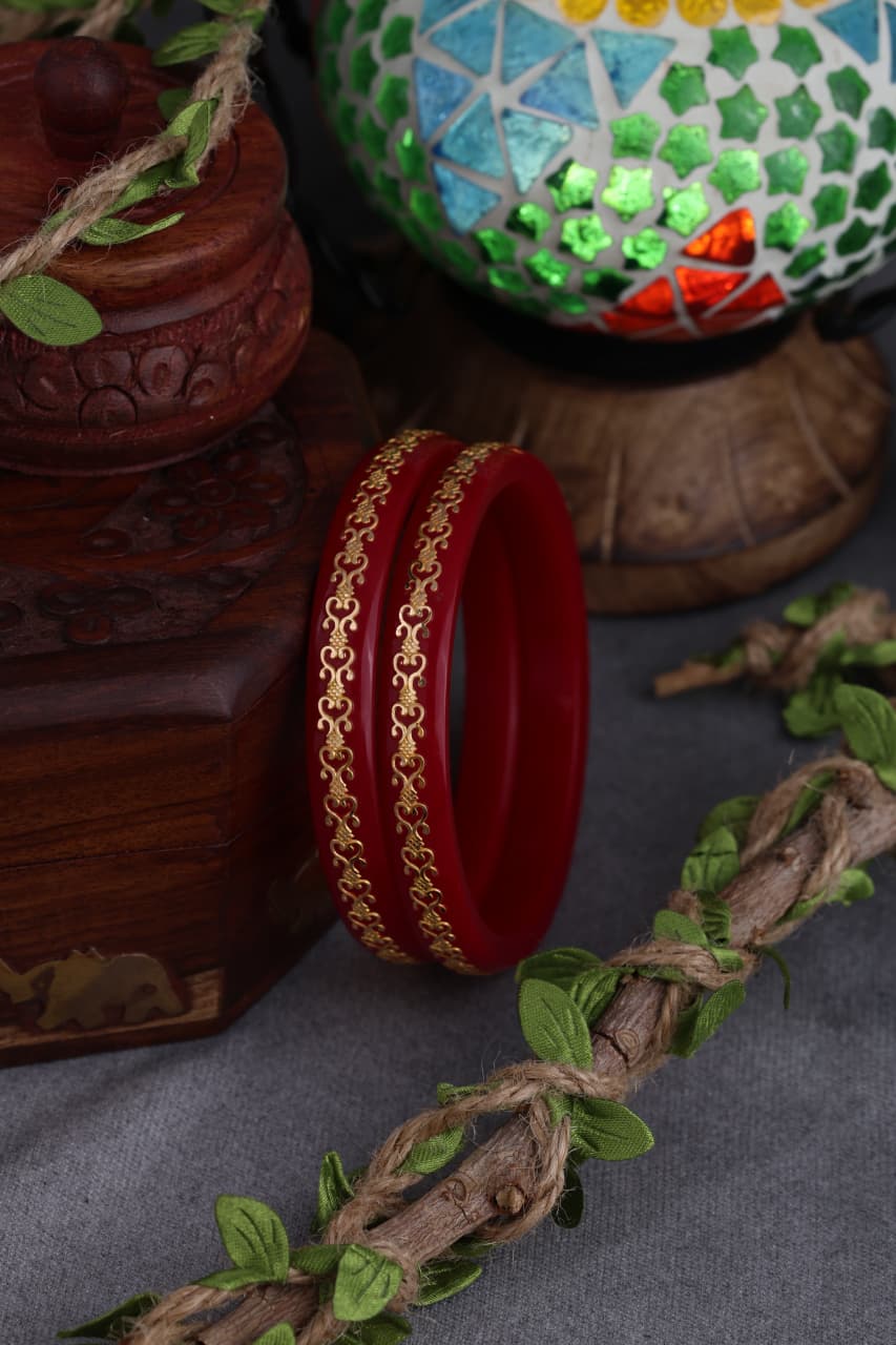 22K Exclusive Gold Bangles for Women | Designer Red Bangles with Gold Vine Border Pattern | 2.5 Gram
