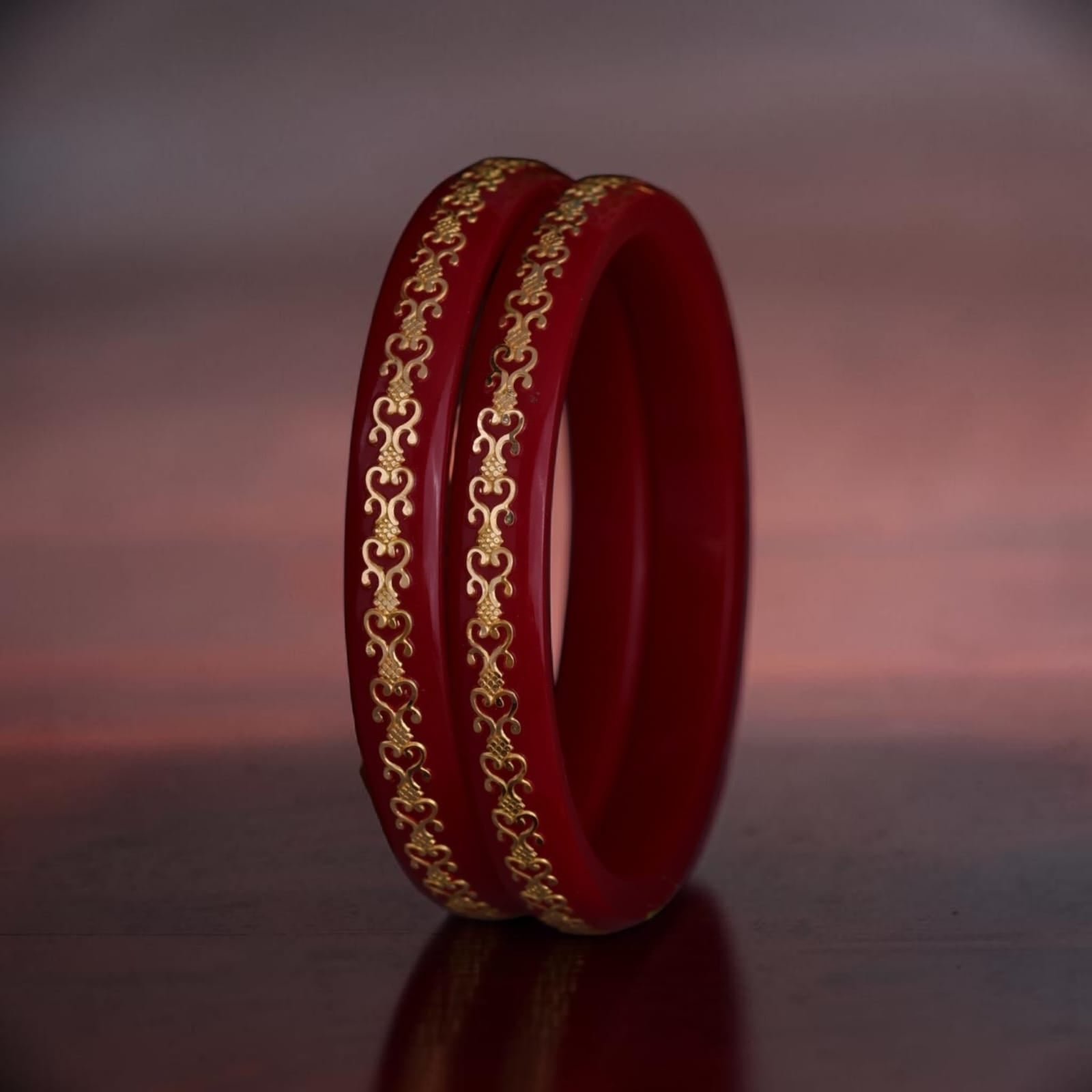 22K Exclusive Gold Bangles for Women | Designer Red Bangles with Gold Vine Border Pattern | 2.5 Gram