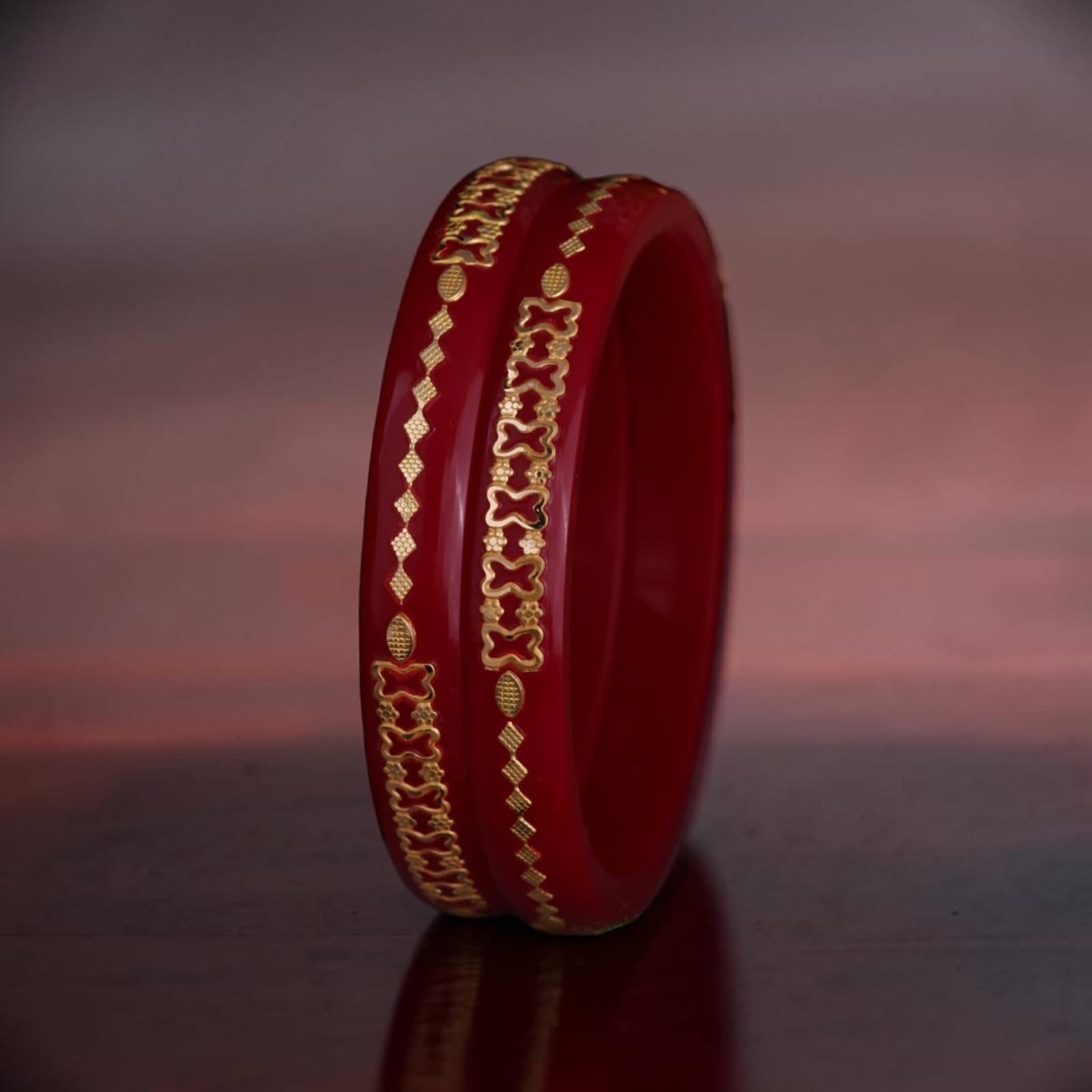 22K Exclusive Gold Bangles for Women | Designer Red Bangles with Geometric Gold Pattern | 2.3 Gram
