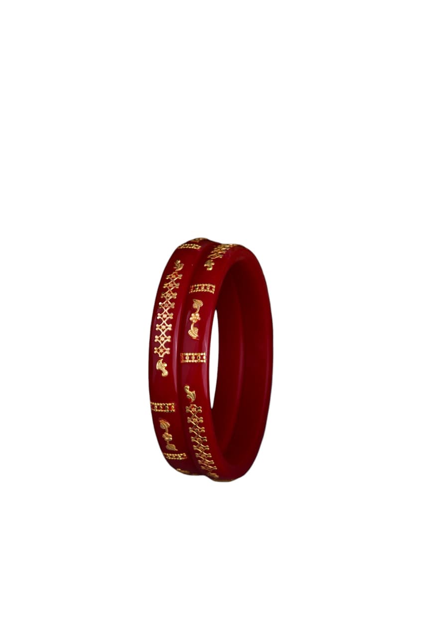 22K Exclusive Gold Bangles for Women | Traditional Red Bangles with Antique Gold Motif Design | 2.5 Gram