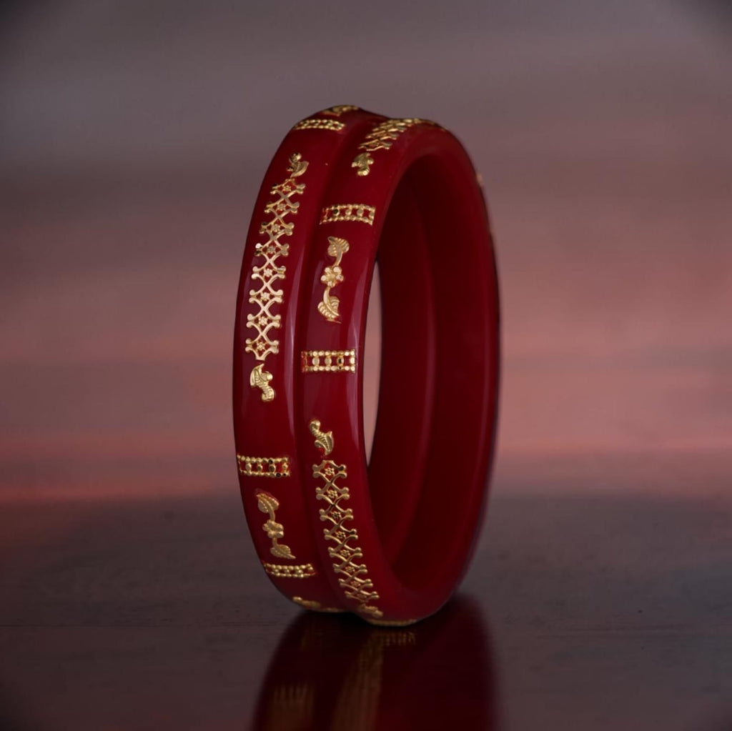 22K Exclusive Gold Bangles for Women | Traditional Red Bangles with Antique Gold Motif Design | 2.5 Gram