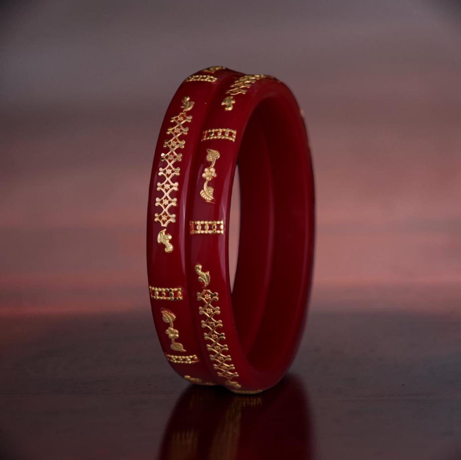 22K Exclusive Gold Bangles for Women | Traditional Red Bangles with Antique Gold Motif Design | 2.5 Gram